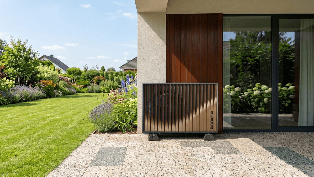 beste warmtepomp buiten op tegels in tuin